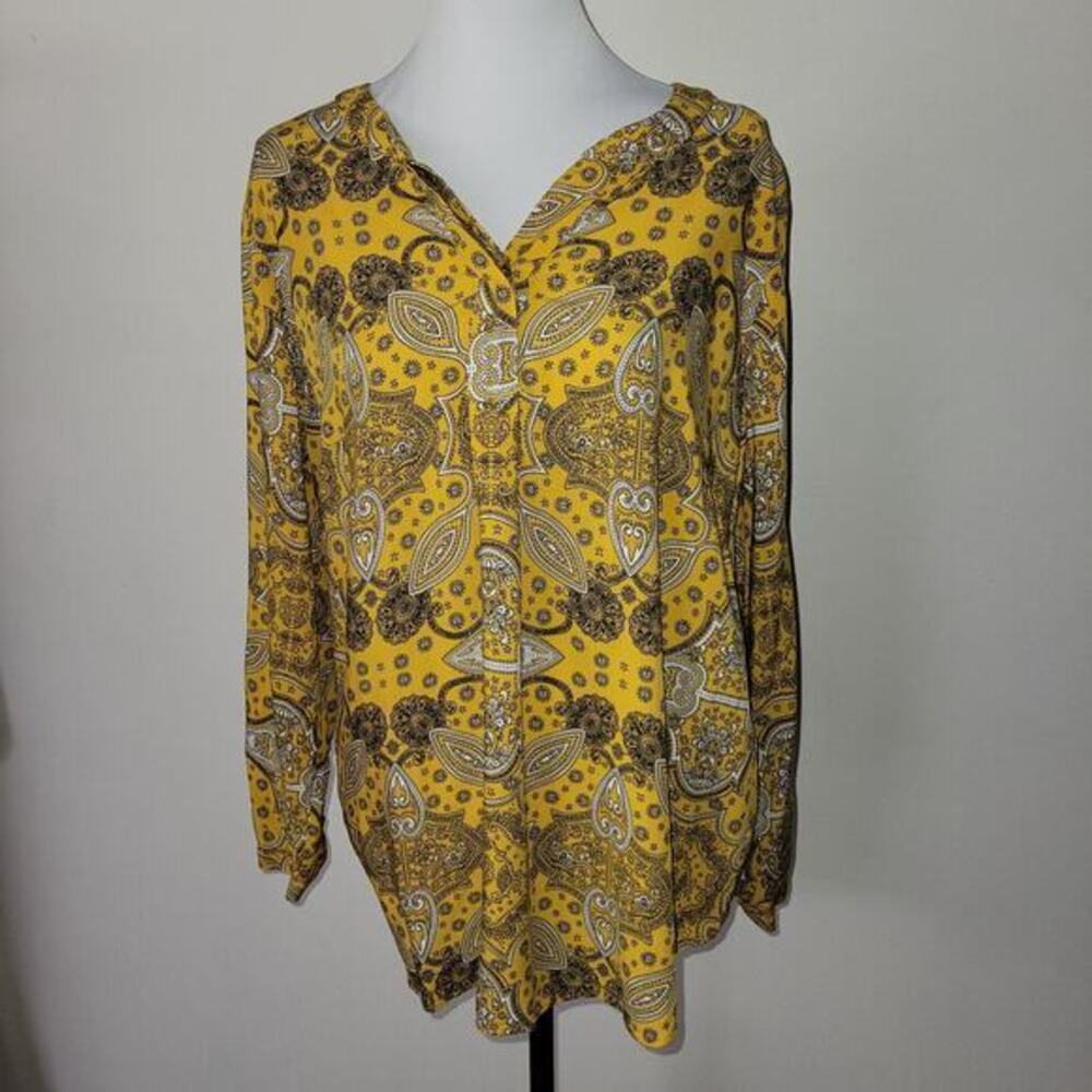 Talbots Plus Tunic Top  Top Size 1X Long Sleeve V Neck Yellow Paisley‎